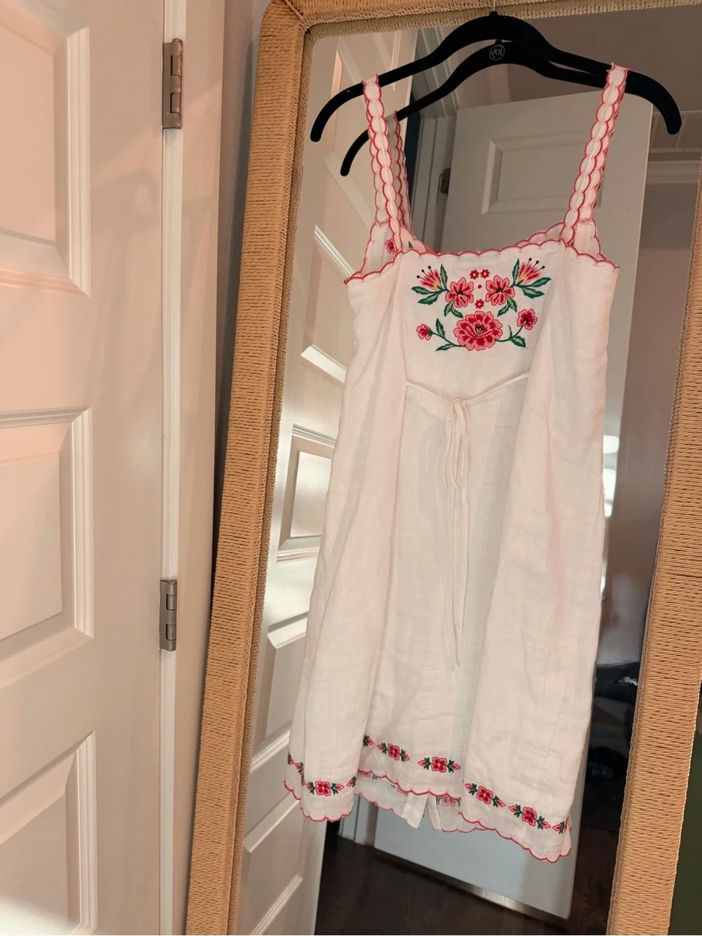 J. Crew White Sleeveless Embroidered linen Slip Dress with Pink Floral Trim